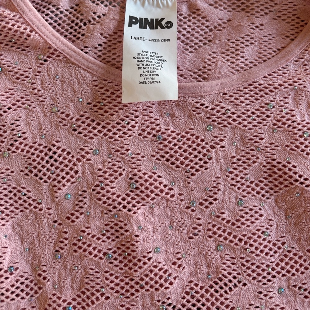 “Pink Dot” Rhinestone Embellished Mesh-like Top in pink. NWT Size Large - Picture 6 of 6